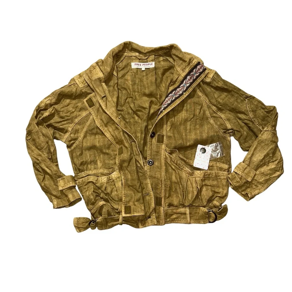 Free People Tan Utility Jacket with Patterned Trim - Picture 4 of 8